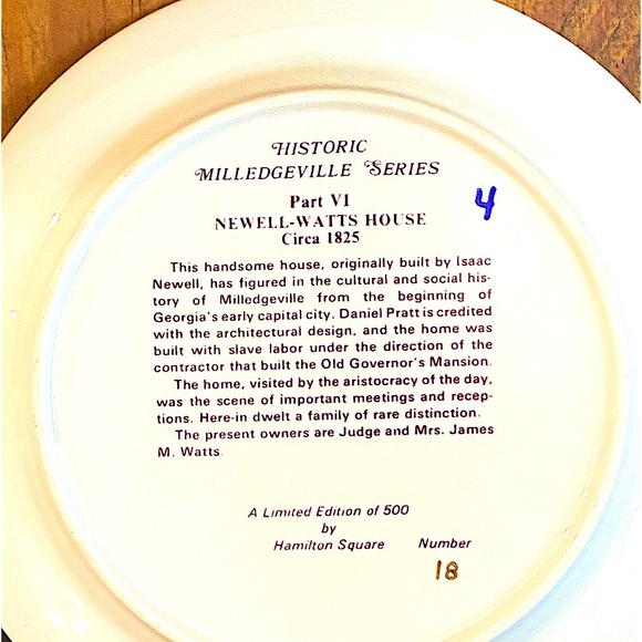 HISTORIC GEORGIA MILLEDGEVILLE SERIES Part VI
NEWELL-WATTS HOUSE PLATE Circa1825 - Picture 2 of 3
